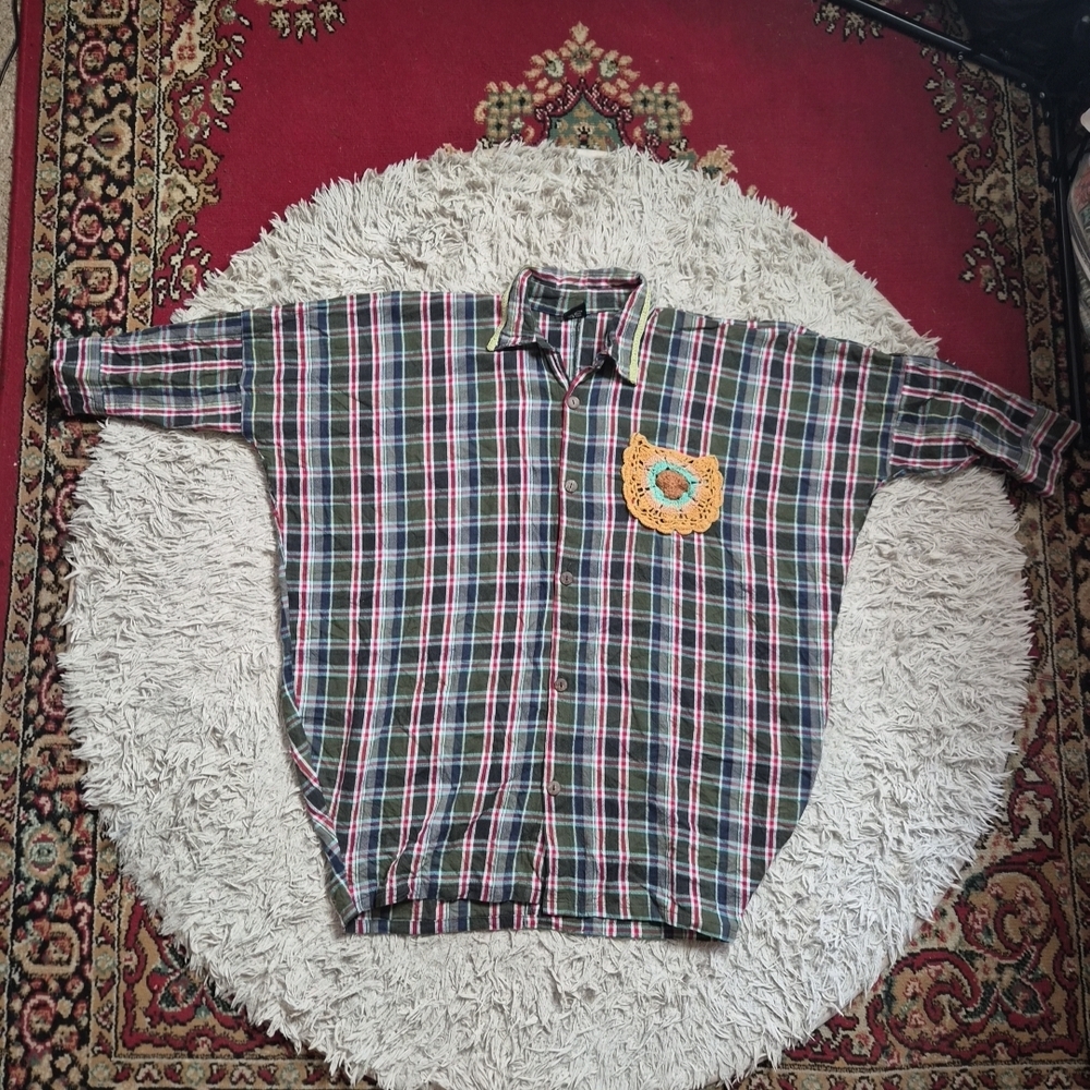 Womens Shop Therapy Shirt Button Up Shirt Top Oversized Lagenlook Artsy Plaid ✨️